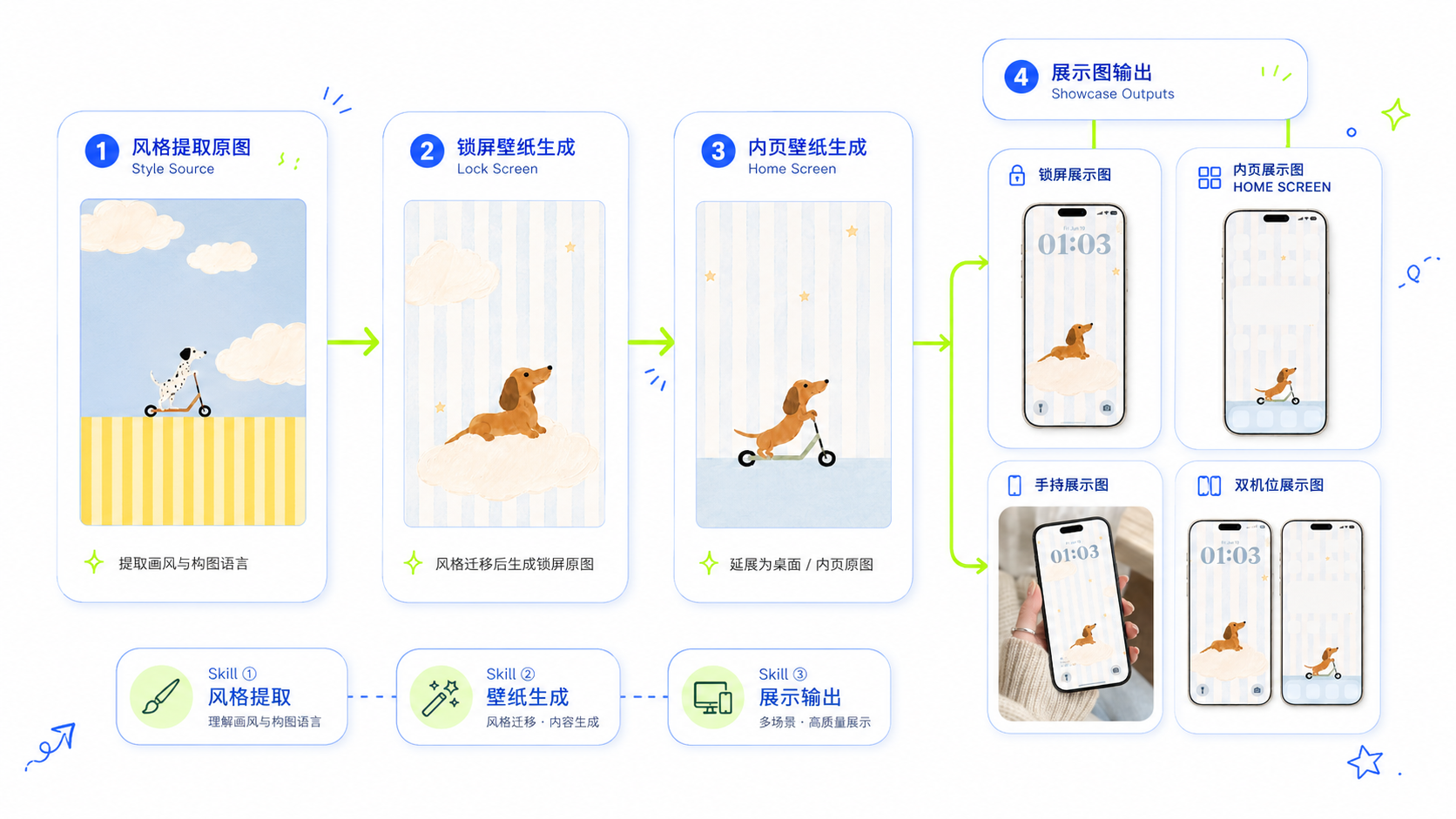 清新蓝云朵小狗案例：风格提取 → 锁屏 → 内页 → 展示图输出