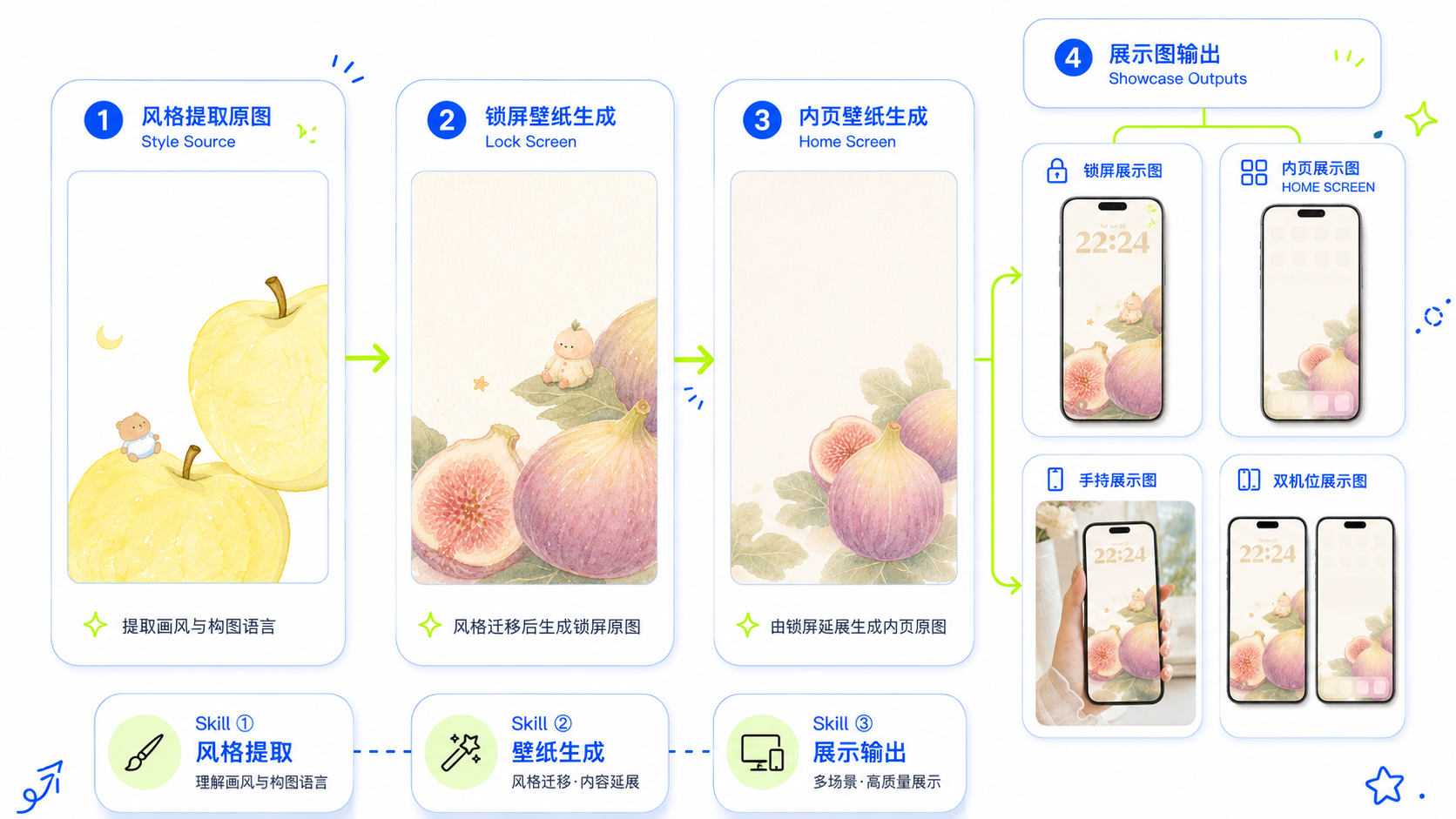 无花果案例：风格提取 → 锁屏 → 内页 → 展示图输出